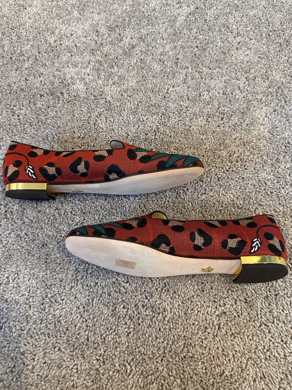 Charlotte Olympia Red, Green and White Zebra Embroidered Slip-Ons